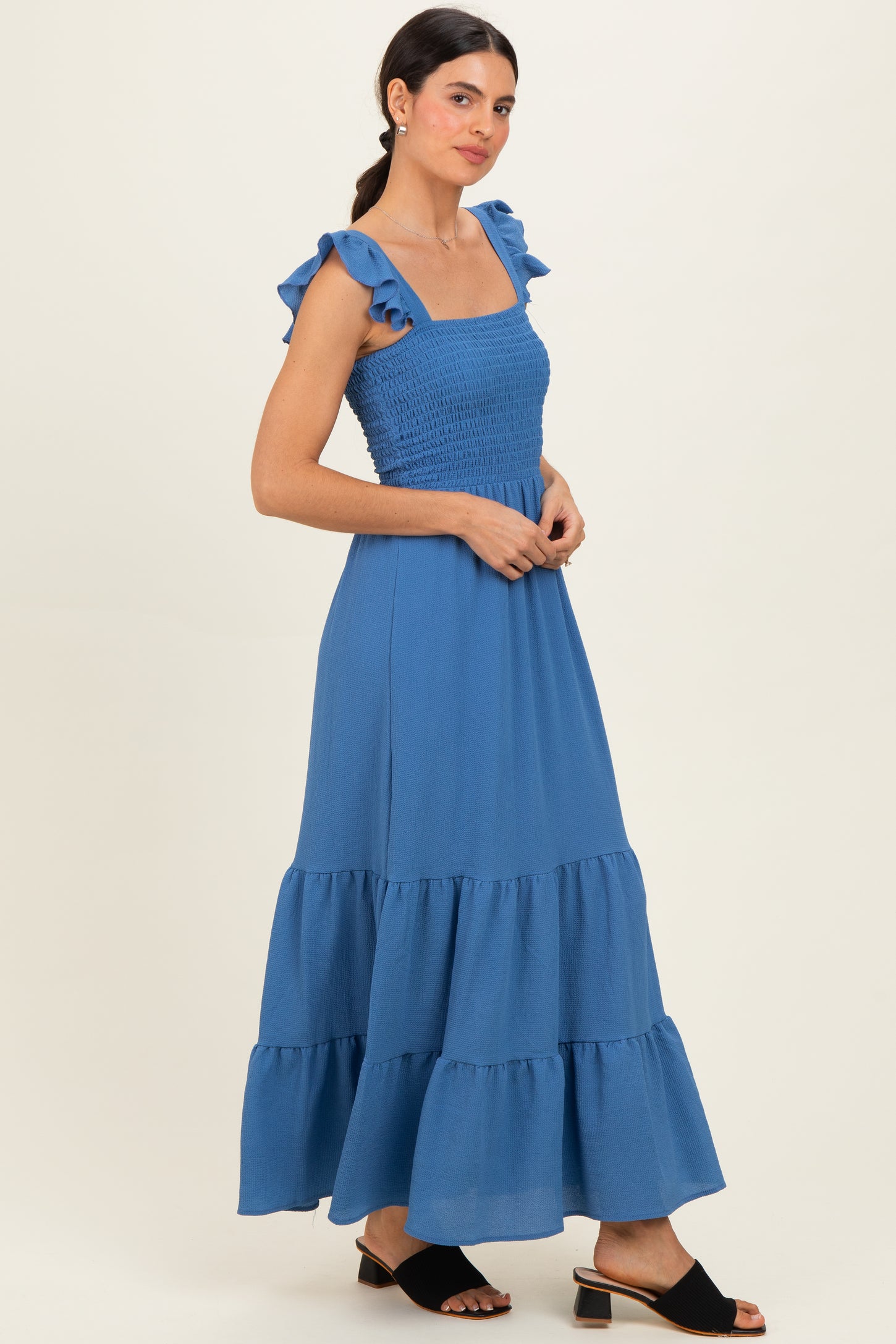 Blue Ruffle Strap Smocked Maxi Dress