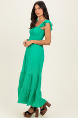 Green Ruffle Strap Smocked Maxi Dress