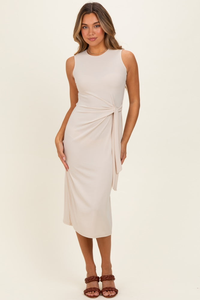 Beige Sleeveless Waist Tie Midi Dress