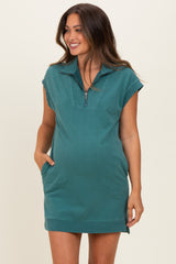 Teal Half Zip Up Mock Neck Maternity Mini Dress