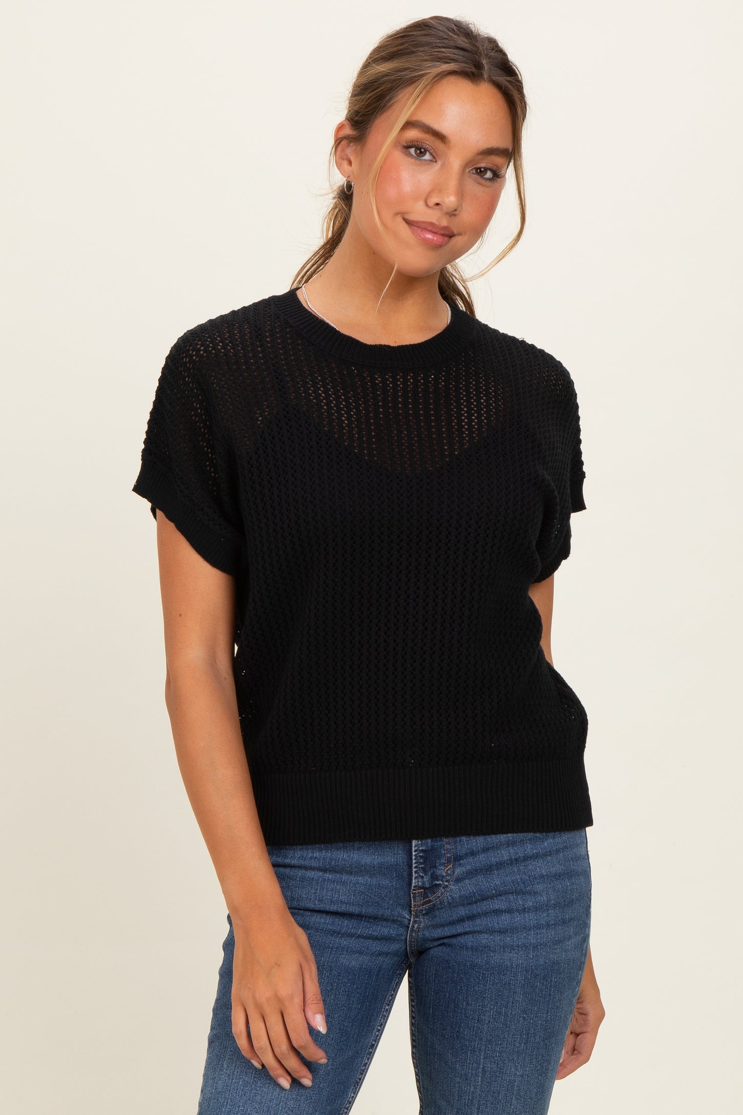 Black Open-Knit Dolman Sleeve Top