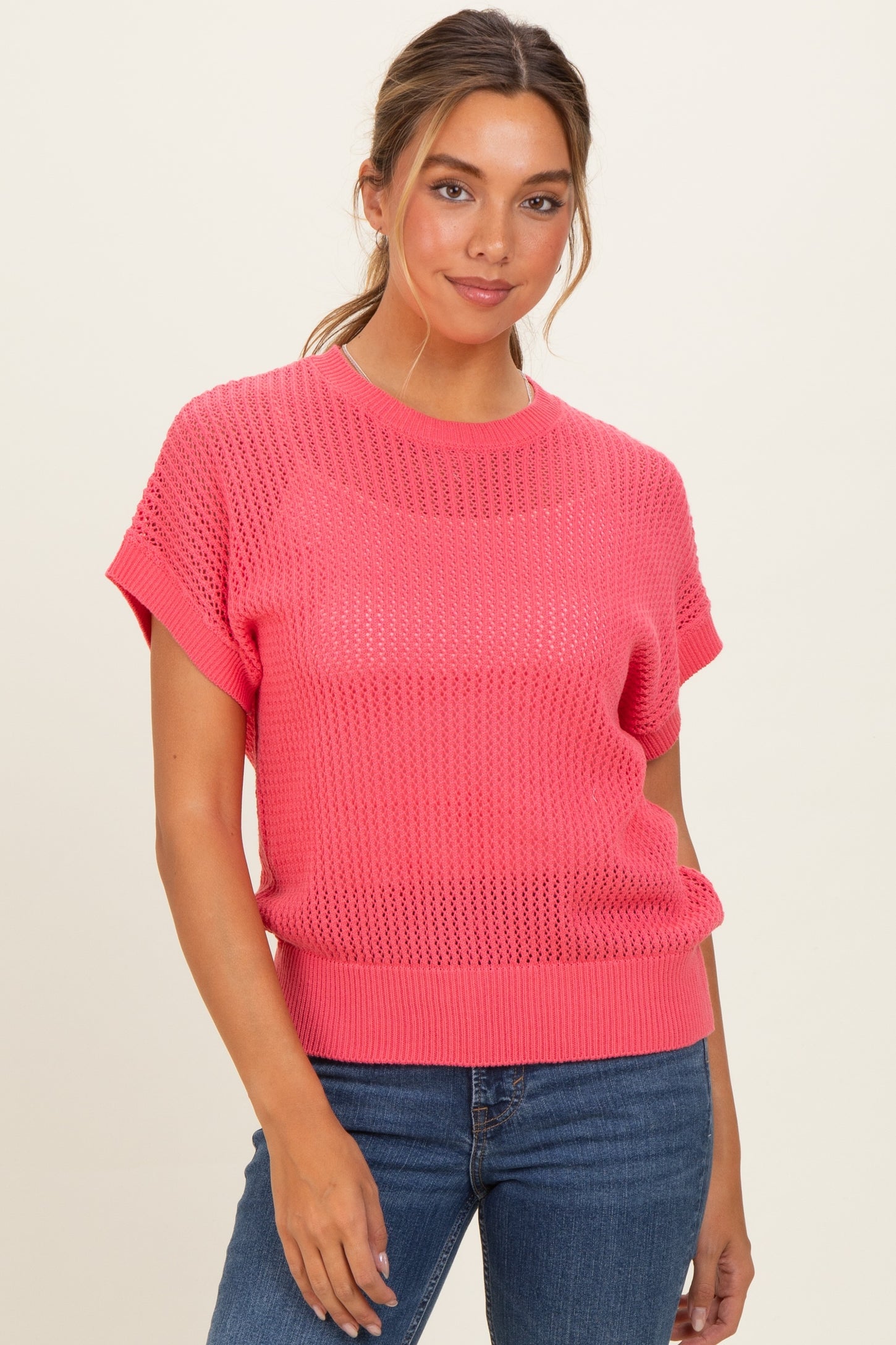 Pink Open-Knit Dolman Sleeve Top