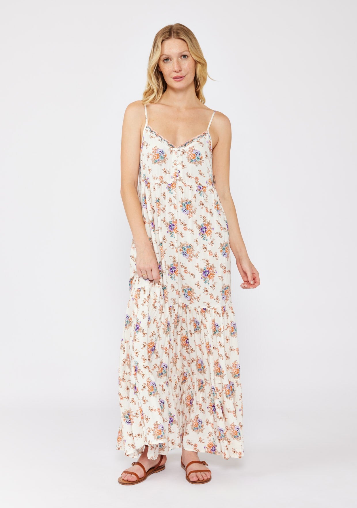 Natural Floral Tiered Button Up Maternity Maxi Dress