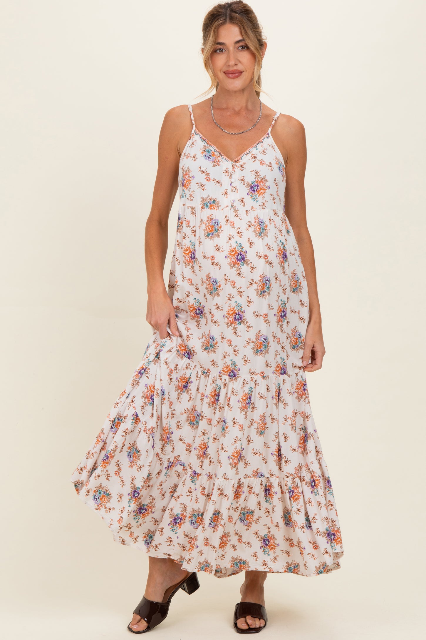 Natural Floral Tiered Button Up Maternity Maxi Dress