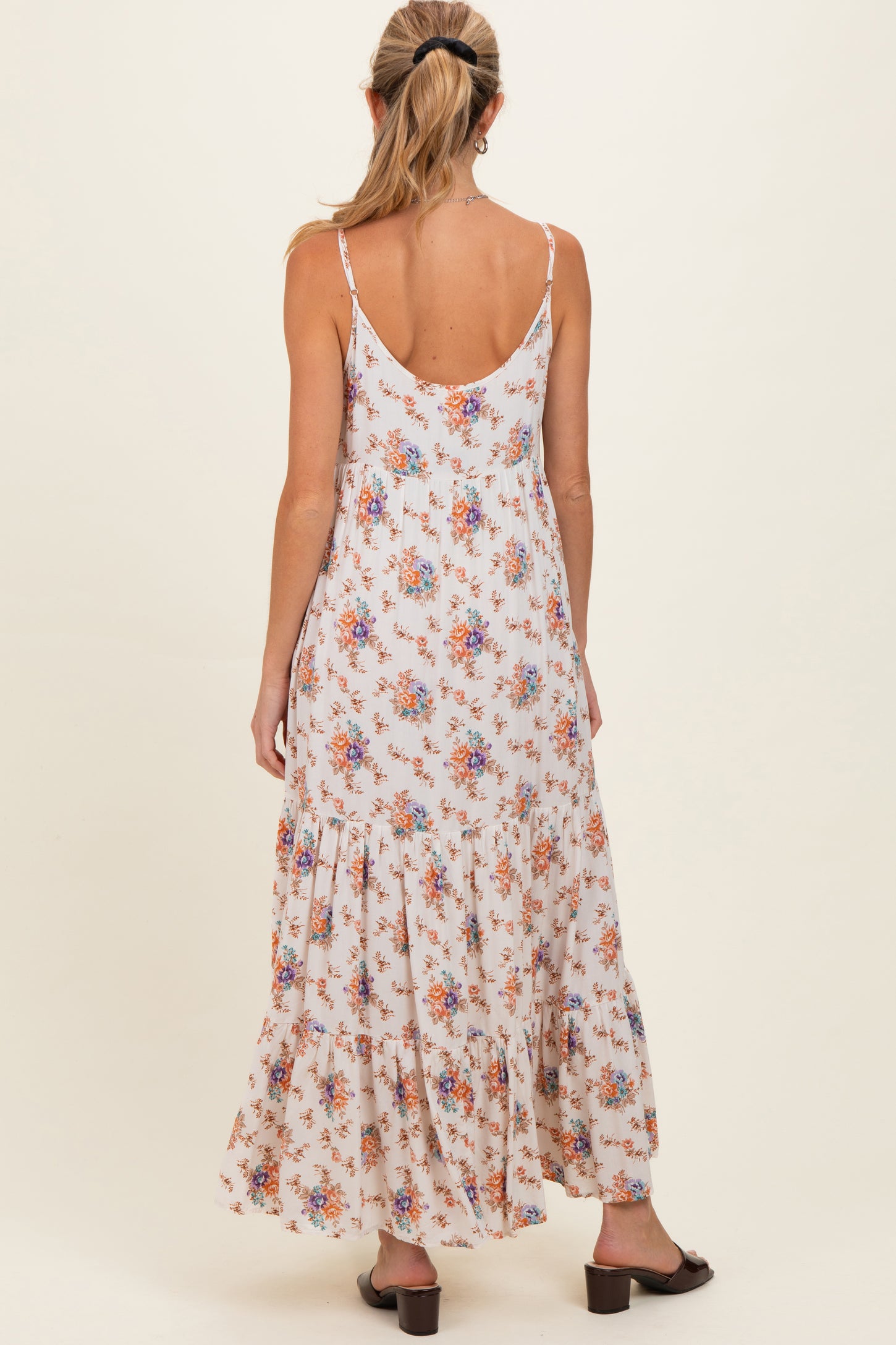 Natural Floral Tiered Button Up Maternity Maxi Dress