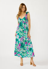 Teal Floral V-Neck Ruffle Strap Maternity Maxi Dress