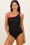 Black Multicolor Trim One Shoulder One Piece Swimsuit
