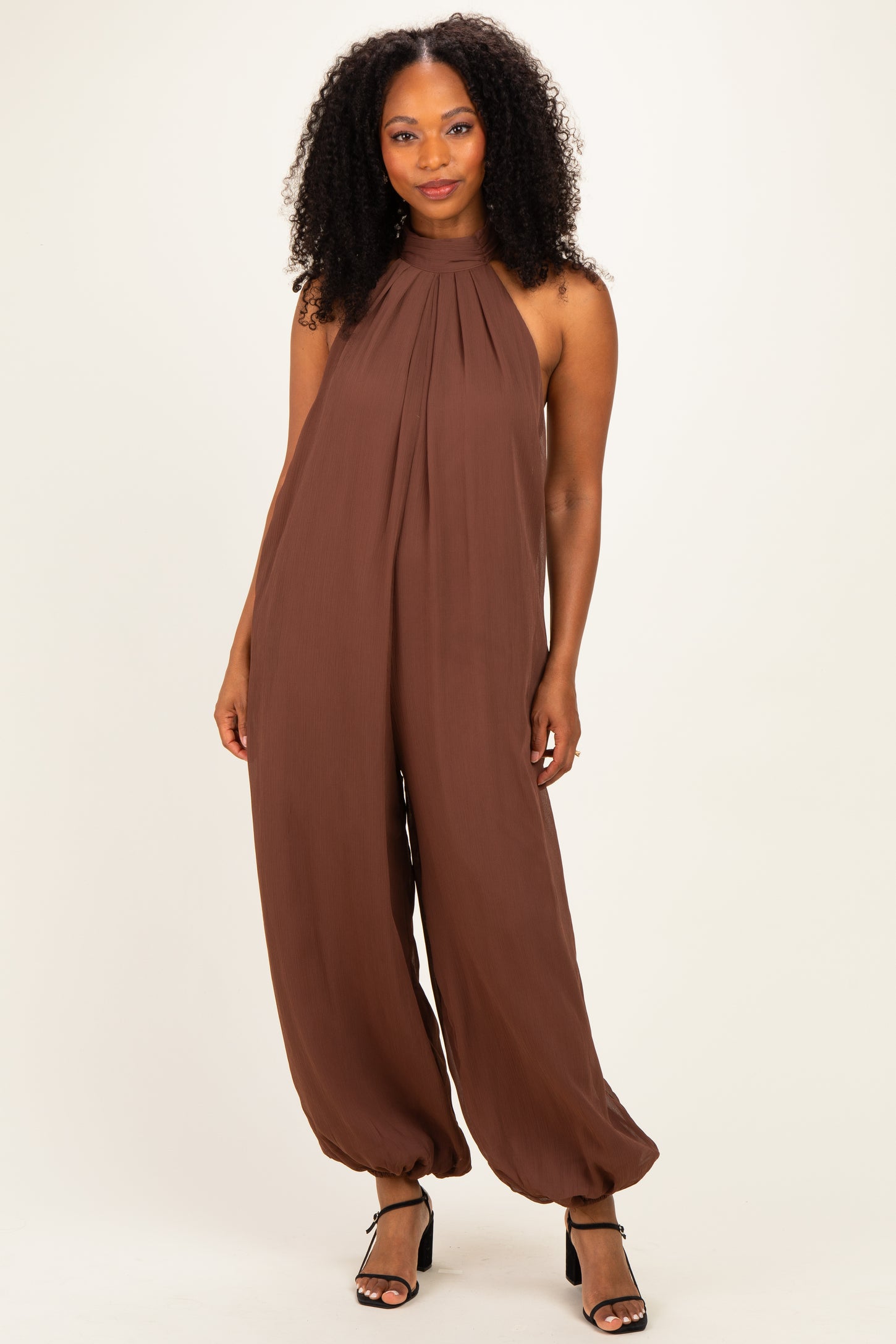 Brown Chiffon Halter Neck Open Back Maternity Jumpsuit
