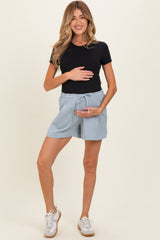 Light Blue Drawstring Pleated Maternity Shorts