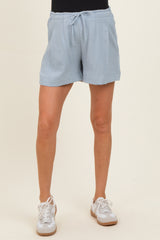 Light Blue Drawstring Pleated Maternity Shorts