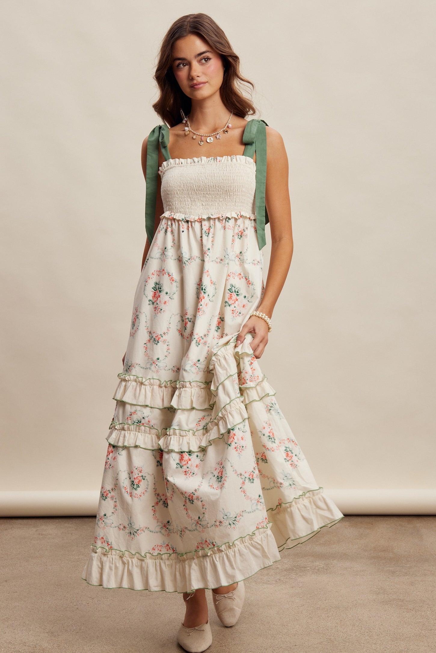 Ivory Floral Smocked Shoulder Tie Tiered Maxi Dress