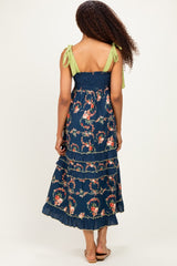 Navy Floral Smocked Shoulder Tie Tiered Maxi Dress