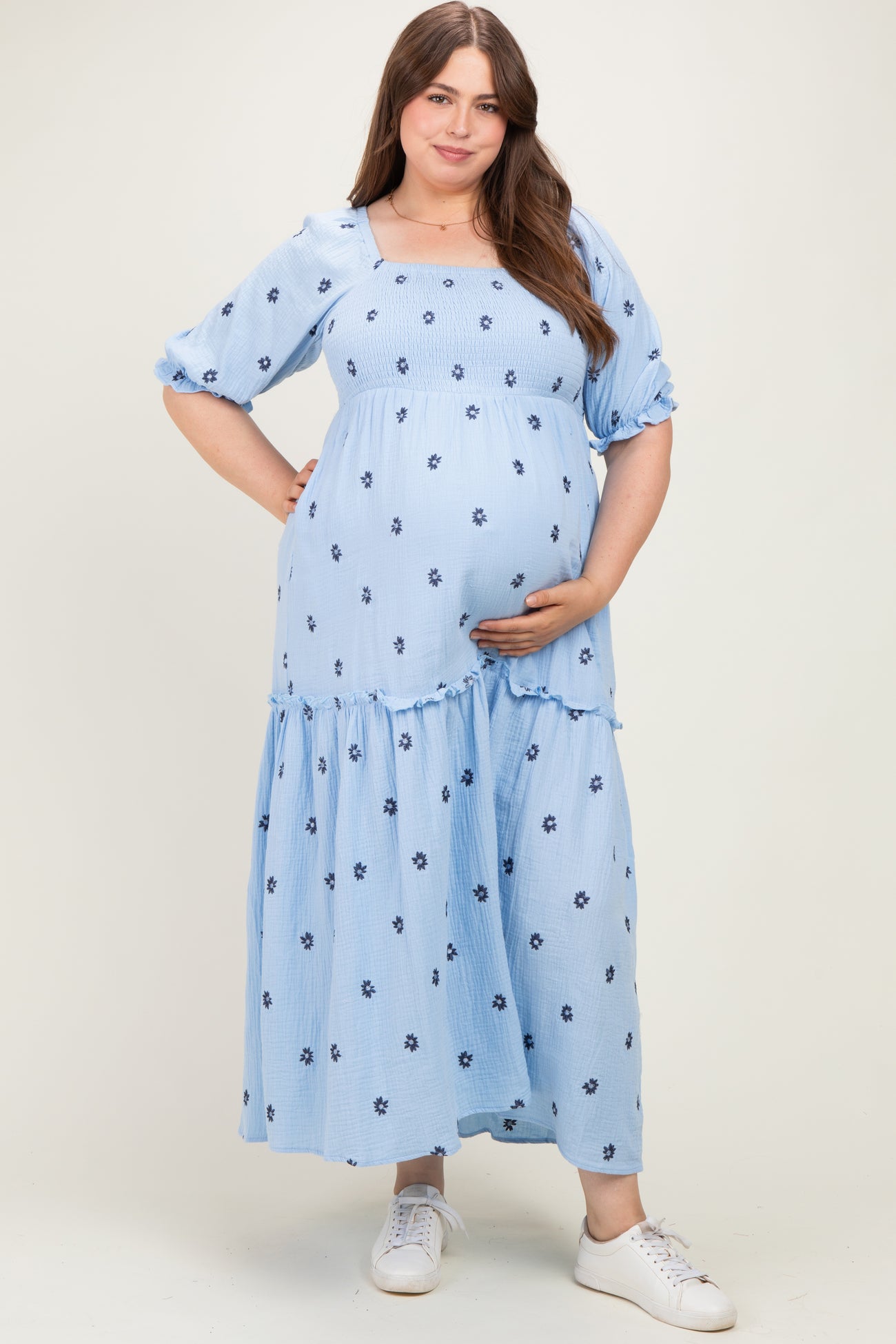 Light Blue Floral Smocked Puff Sleeve Plus Maternity Maxi Dress