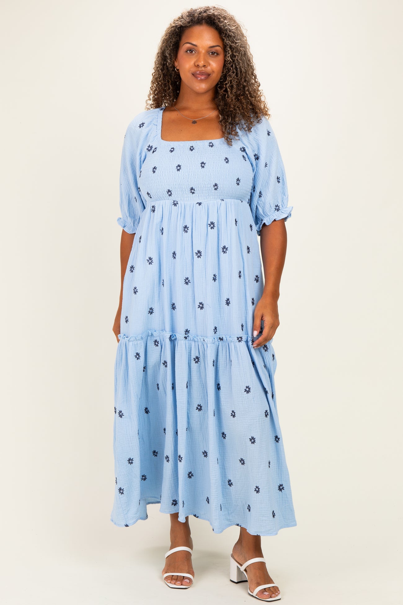 Light Blue Floral Smocked Puff Sleeve Plus Maternity Maxi Dress