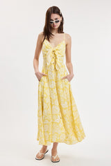 Yellow Floral Front Tie Racerback Midi Dress