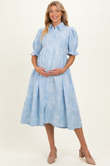 Light Blue Embroidered Maternity Midi Shirt Dress