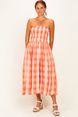 Orange Plaid Smocked Strapless Midi Dress