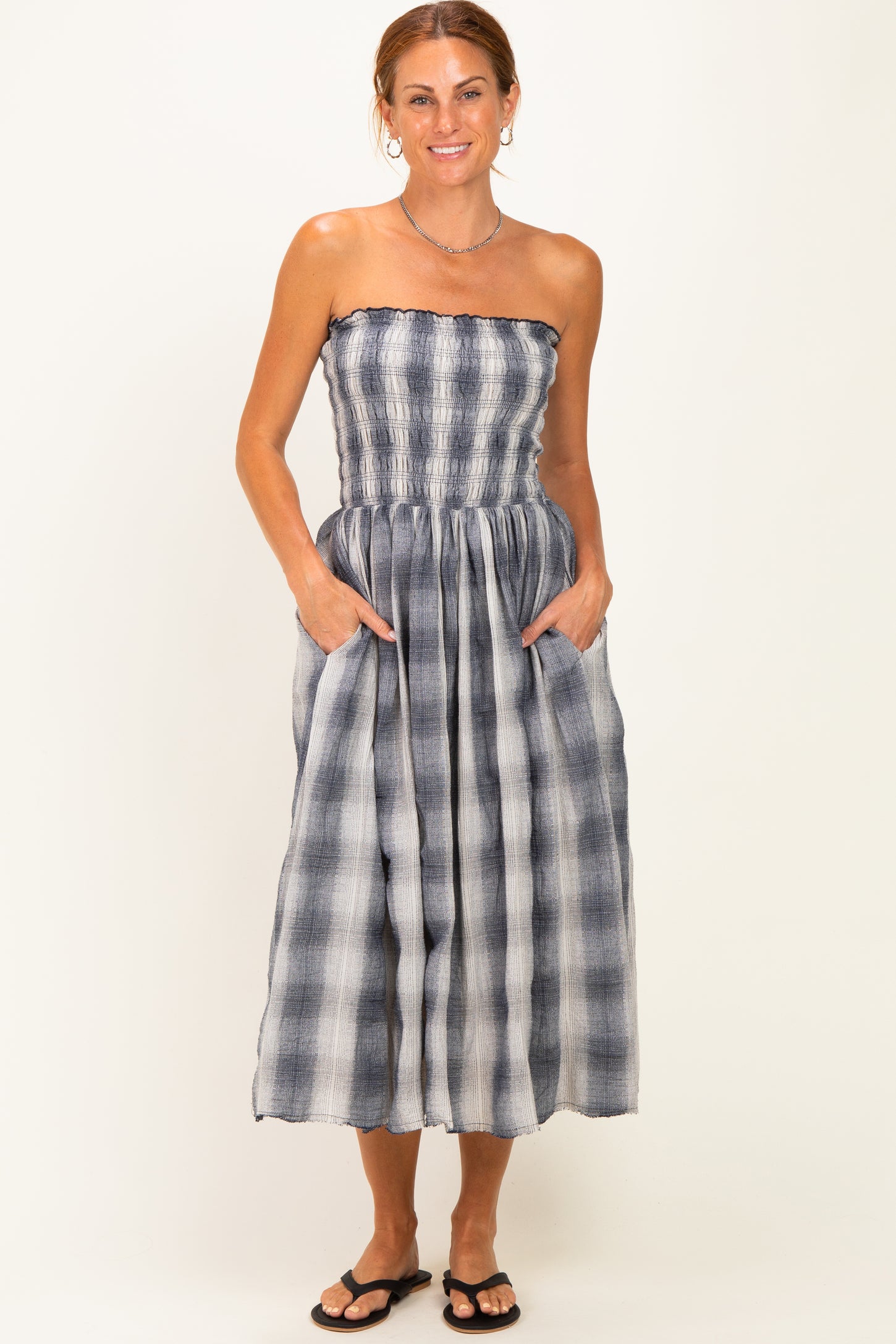 Black Plaid Smocked Strapless Midi Dress
