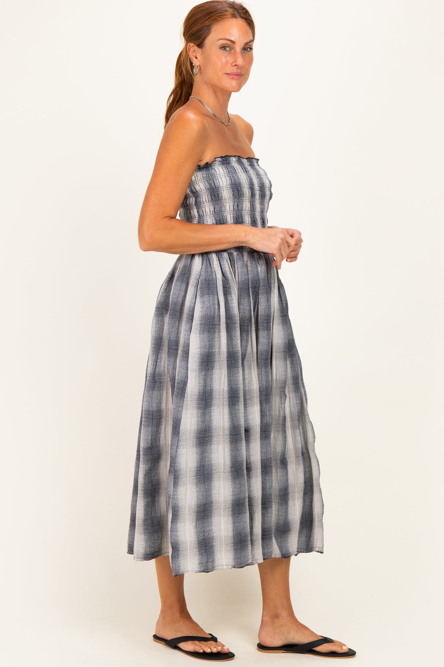 Black Plaid Smocked Strapless Midi Dress