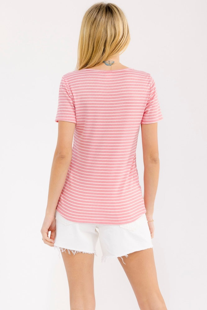 Pink Stripe Scoop Neck Henley Top