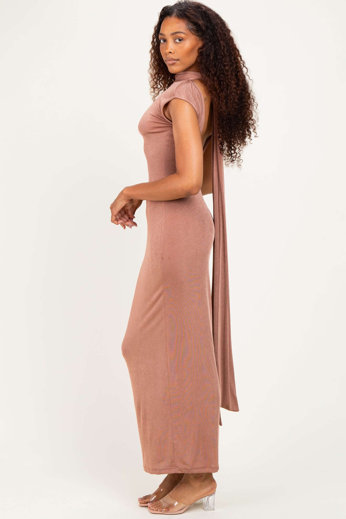 Brown Open Back Scarf Neck Maxi Dress
