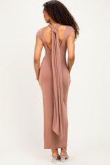 Brown Open Back Scarf Neck Maxi Dress