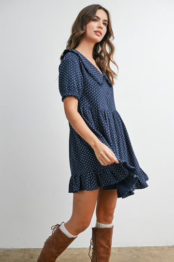 Navy Printed Ruffle Accent Shirt Dress