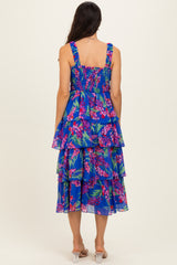 Royal Blue Floral Smocked Tiered Midi Dress