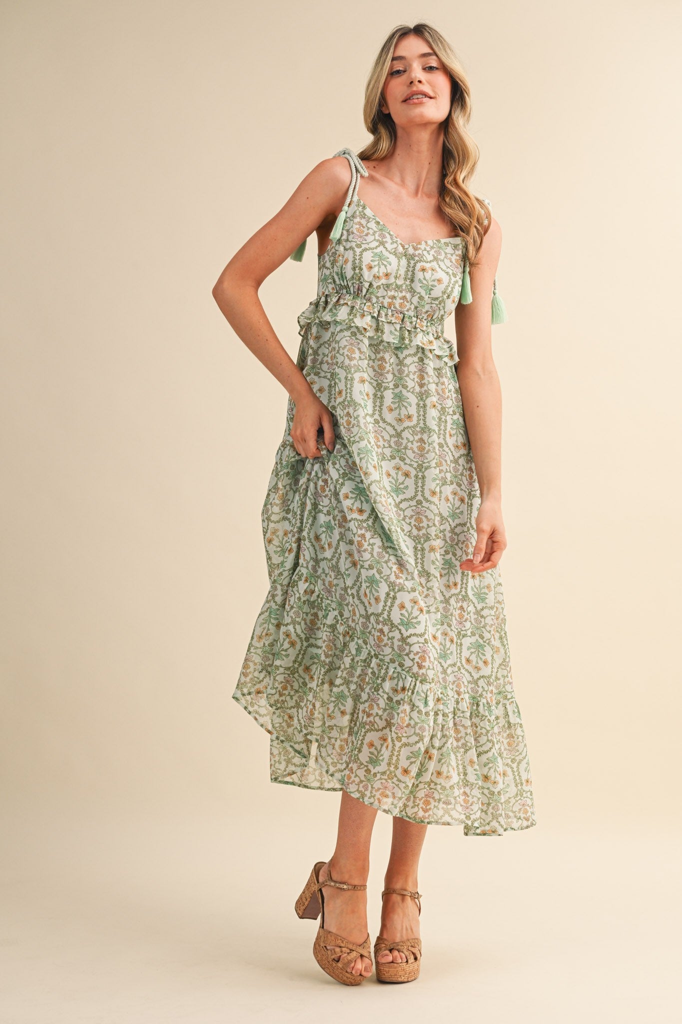 Light Mint Floral Tassel Strap Midi Dress
