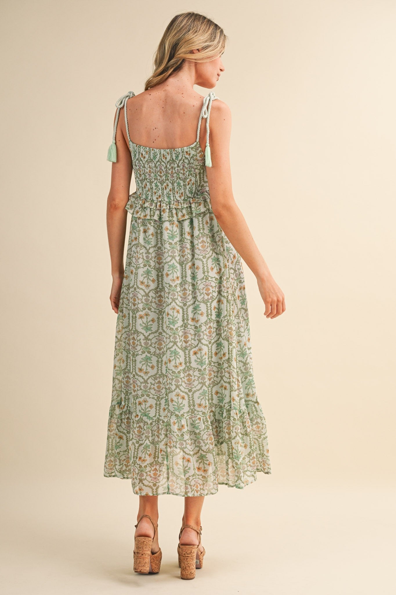 Light Mint Floral Tassel Strap Midi Dress
