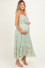 Light Mint Floral Tassel Strap Maternity Midi Dress
