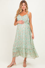 Light Mint Floral Tassel Strap Maternity Midi Dress