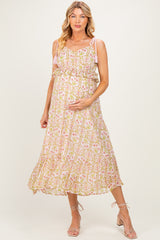Light Pink Floral Tassel Strap Maternity Midi Dress