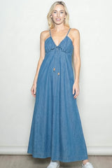 Light Navy Chambray Beaded Front Tie Maternity Maxi Dress