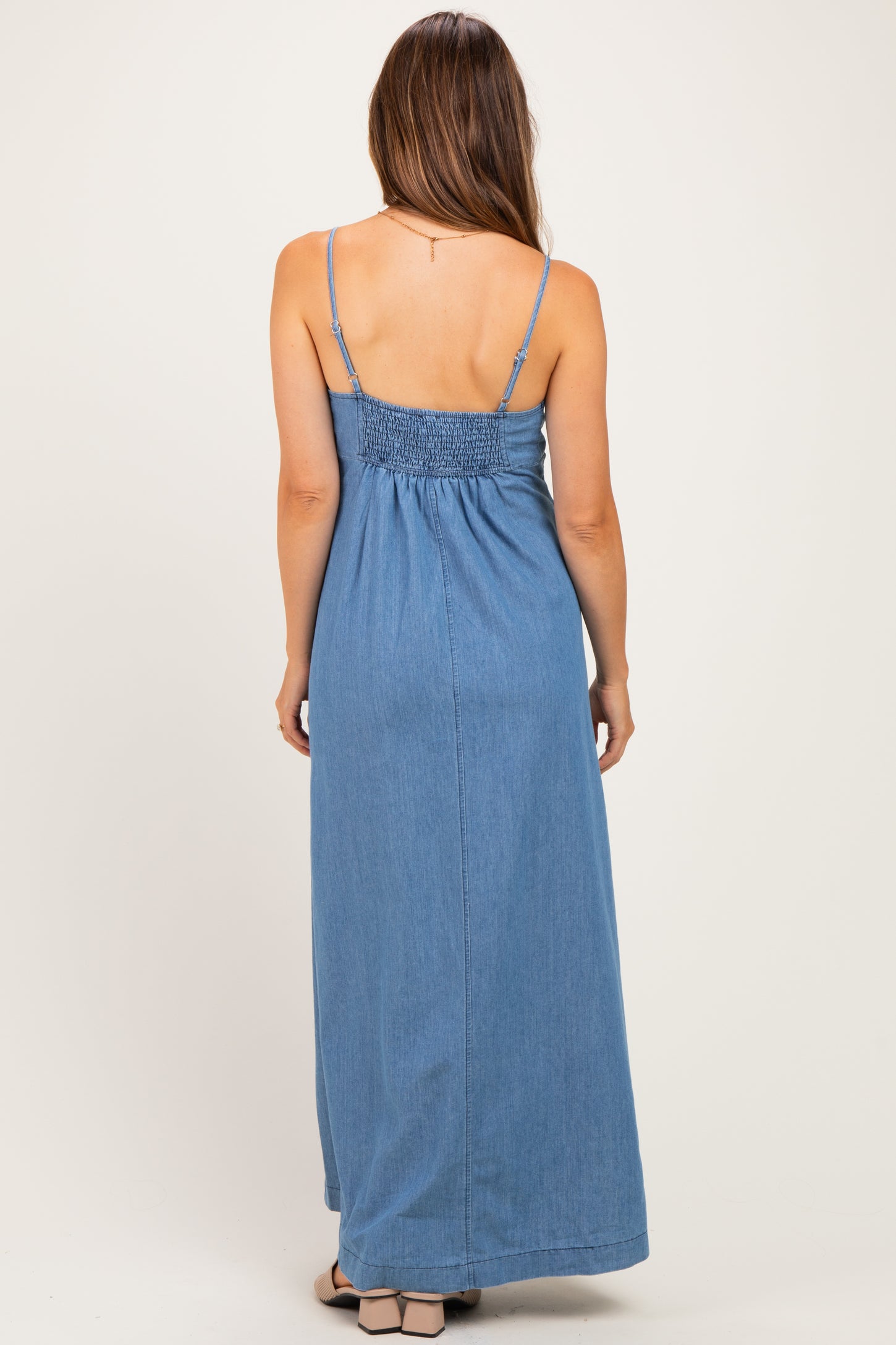Light Navy Chambray Beaded Front Tie Maternity Maxi Dress