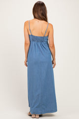 Light Navy Chambray Beaded Front Tie Maternity Maxi Dress
