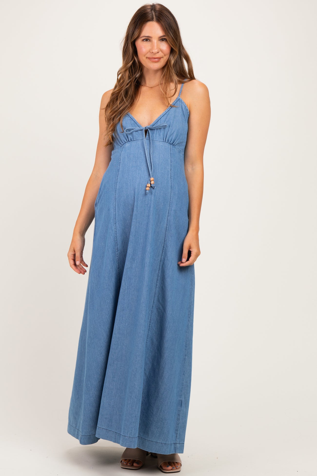 Light Navy Chambray Beaded Front Tie Maternity Maxi Dress