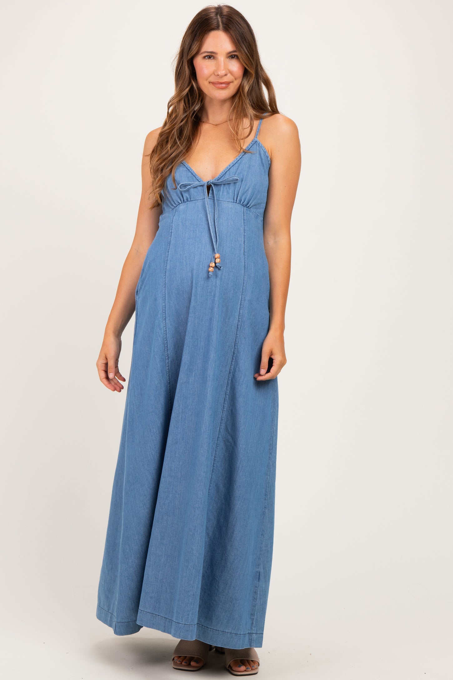 Light Navy Chambray Beaded Front Tie Maternity Maxi Dress