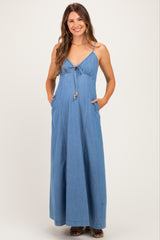 Light Navy Chambray Beaded Front Tie Maternity Maxi Dress