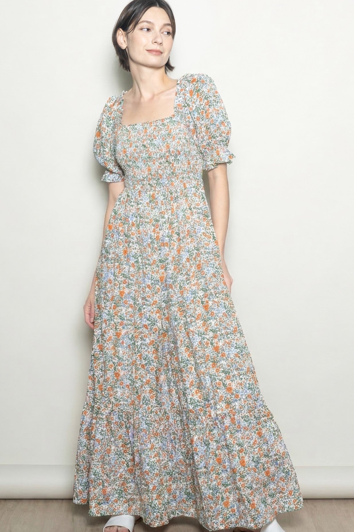 Cream Vintage Floral Smocked Puff Sleeve Maternity Maxi Dress
