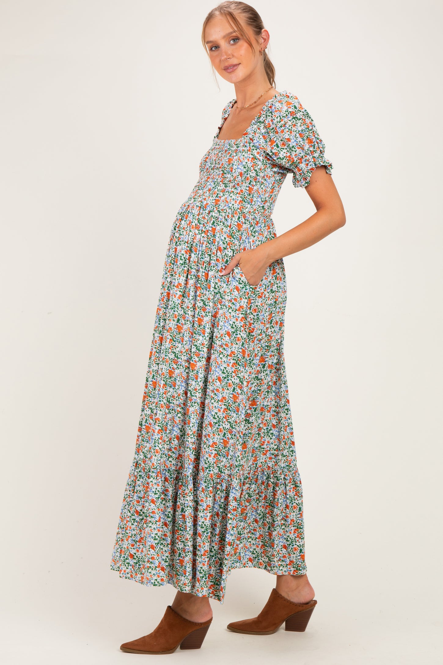 Cream Vintage Floral Smocked Puff Sleeve Maternity Maxi Dress