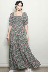 Olive Vintage Floral Smocked Puff Sleeve Maternity Maxi Dress