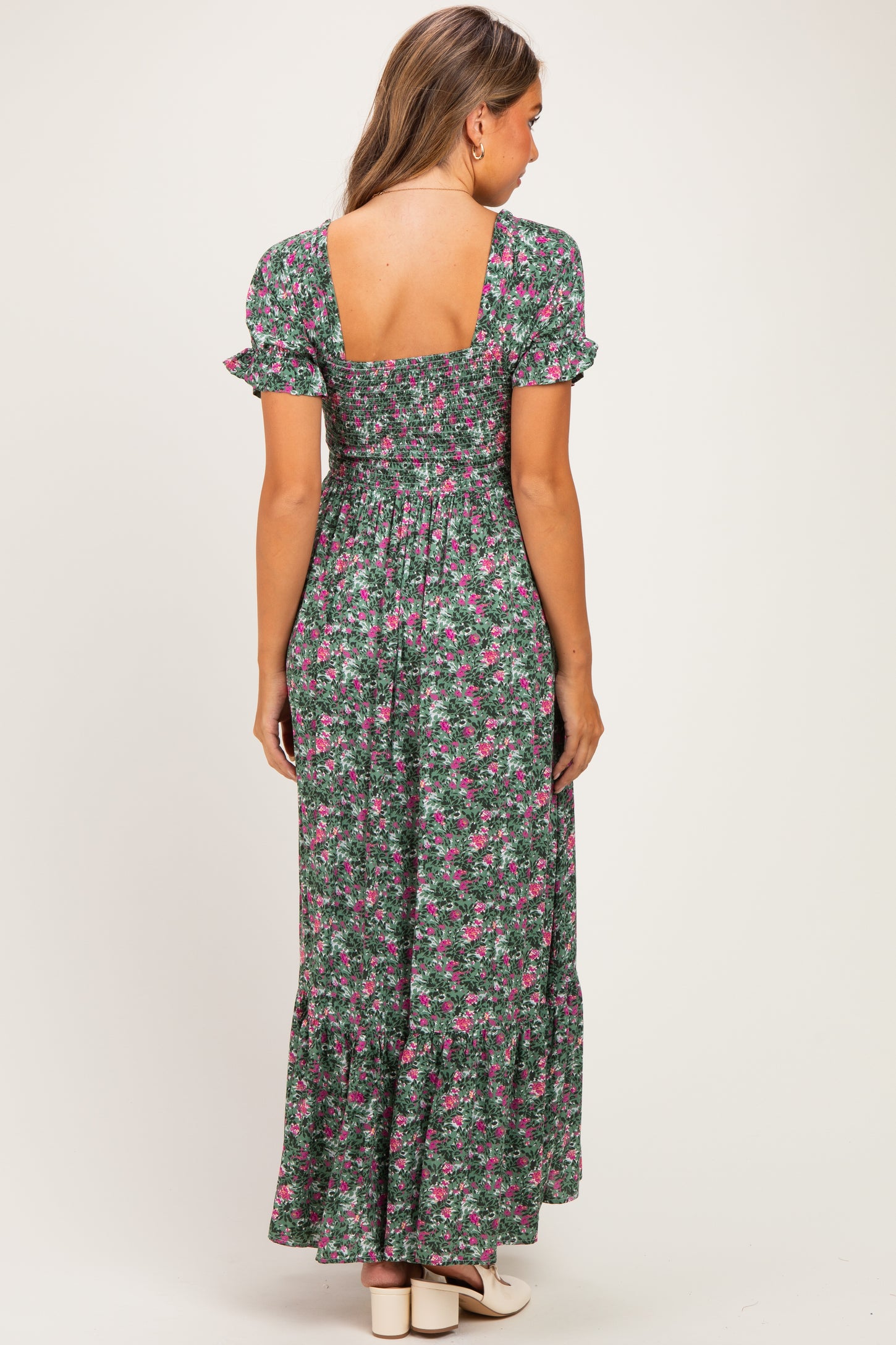 Olive Vintage Floral Smocked Puff Sleeve Maternity Maxi Dress