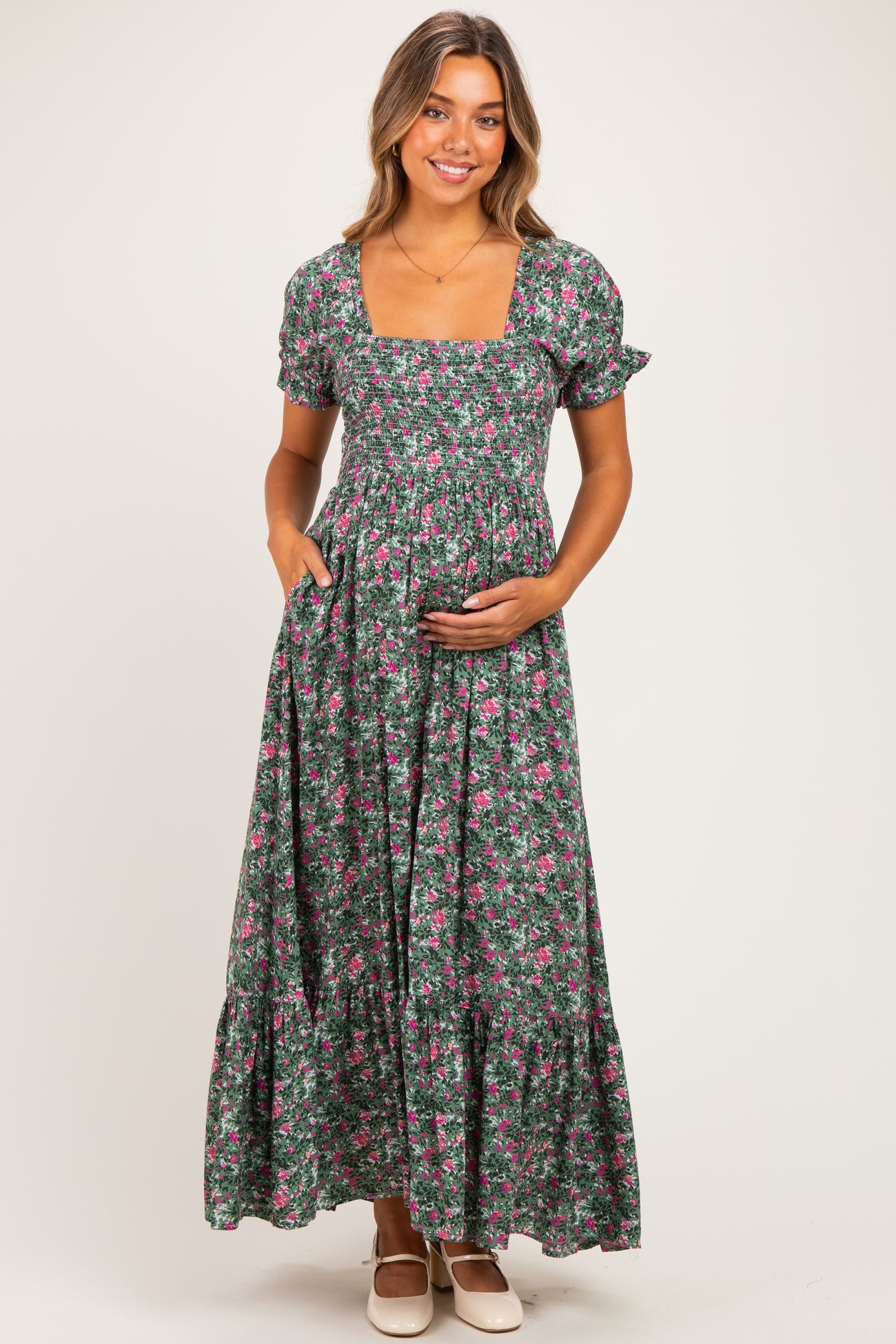 Olive Vintage Floral Smocked Puff Sleeve Maternity Maxi Dress