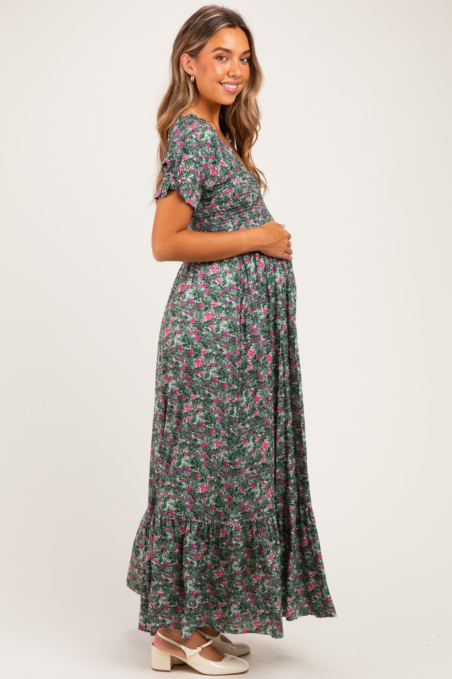 Olive Vintage Floral Smocked Puff Sleeve Maternity Maxi Dress