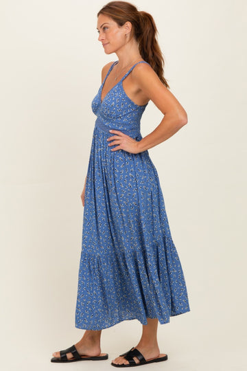 Blue Floral Lace Detail Strappy Maxi Dress