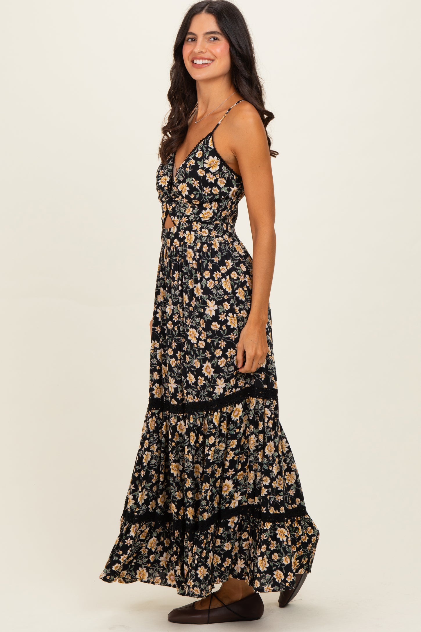 Black Floral Twisted Front Lace Detail Maxi Dress