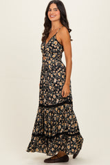 Black Floral Twisted Front Lace Detail Maxi Dress
