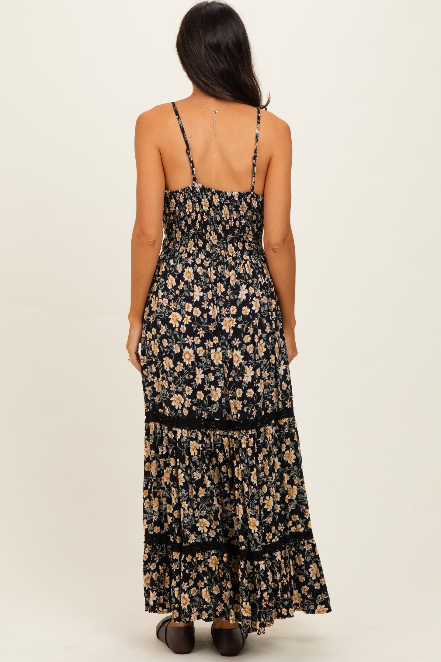 Black Floral Twisted Front Lace Detail Maxi Dress