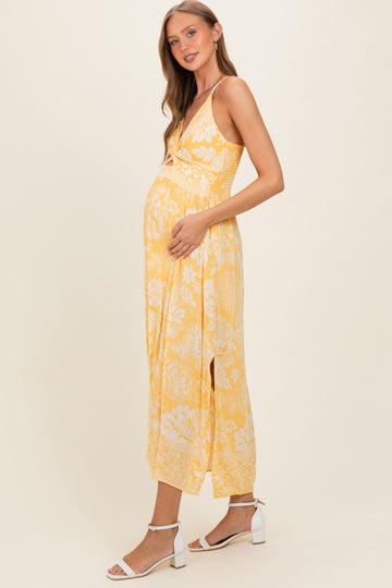 Yellow Floral Twisted Front Maternity Maxi Dress